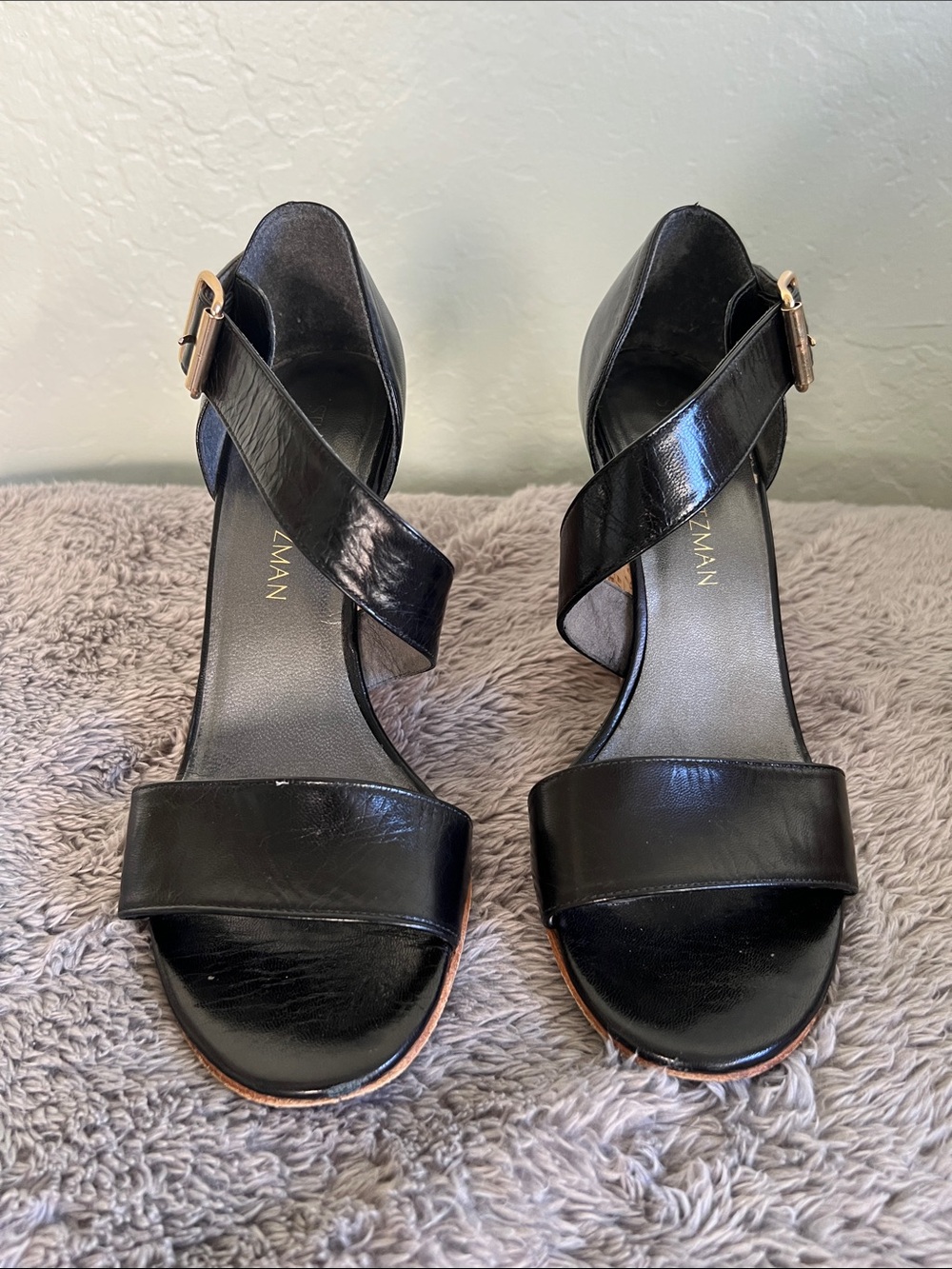 Stuart Weitzman Black Leather Cross-Strap Wedges